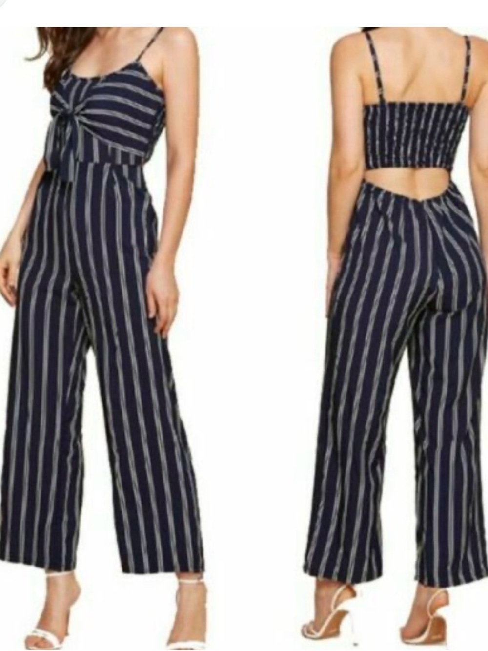 Striped Navy Wide-Leg Jumpsuit with Tie Front